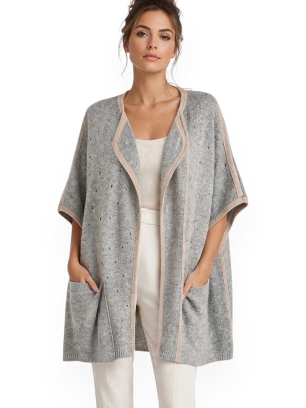 Allude Cashmere Gray Beige Trim Cardigan Ruanna Poncho Sweater Pointelle Knit S